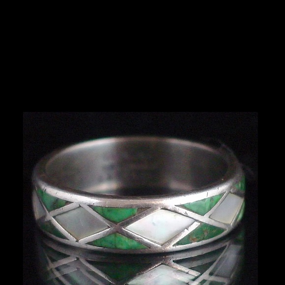 TAXCO Sterling Silver Green Turquoise Mother of Pearl HANDMADE Inlay Ring 12 - Picture 9 of 9
